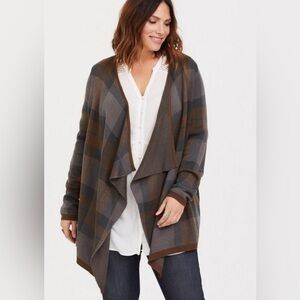 torrid outlander Plaid Draped Cardigan in Gray and Brown